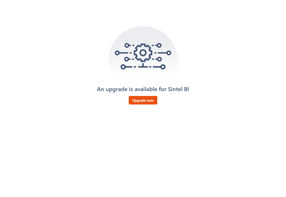Sintel BI 'An upgrade is available for Sintel BI' screen with the Upgrade now! button