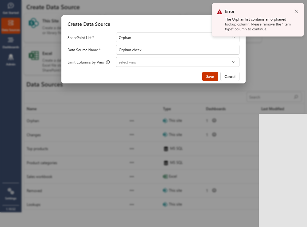 Data source designer with the error notification 'The