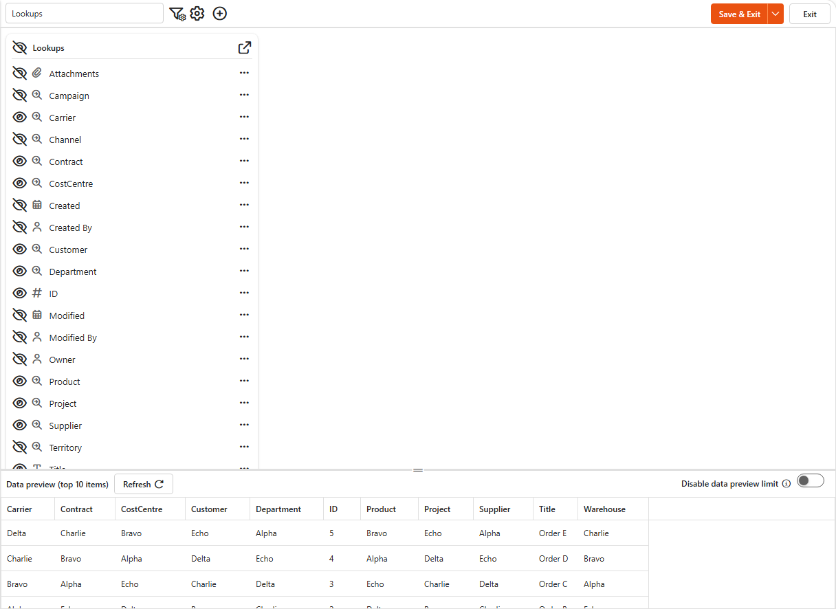 Data source designer for the same list